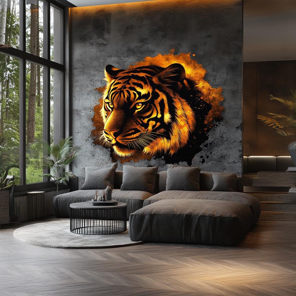 Fiery Tiger Wall Sticker Decal in modern living room, showcasing bold orange and black tones for intense animal decor.