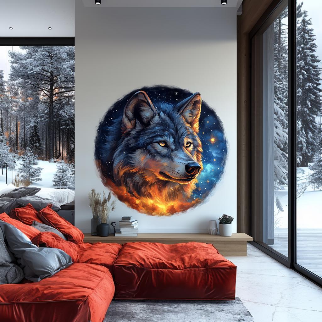 Mystical wolf wall sticker decor featuring a cosmic background in a stylish living room setting.
