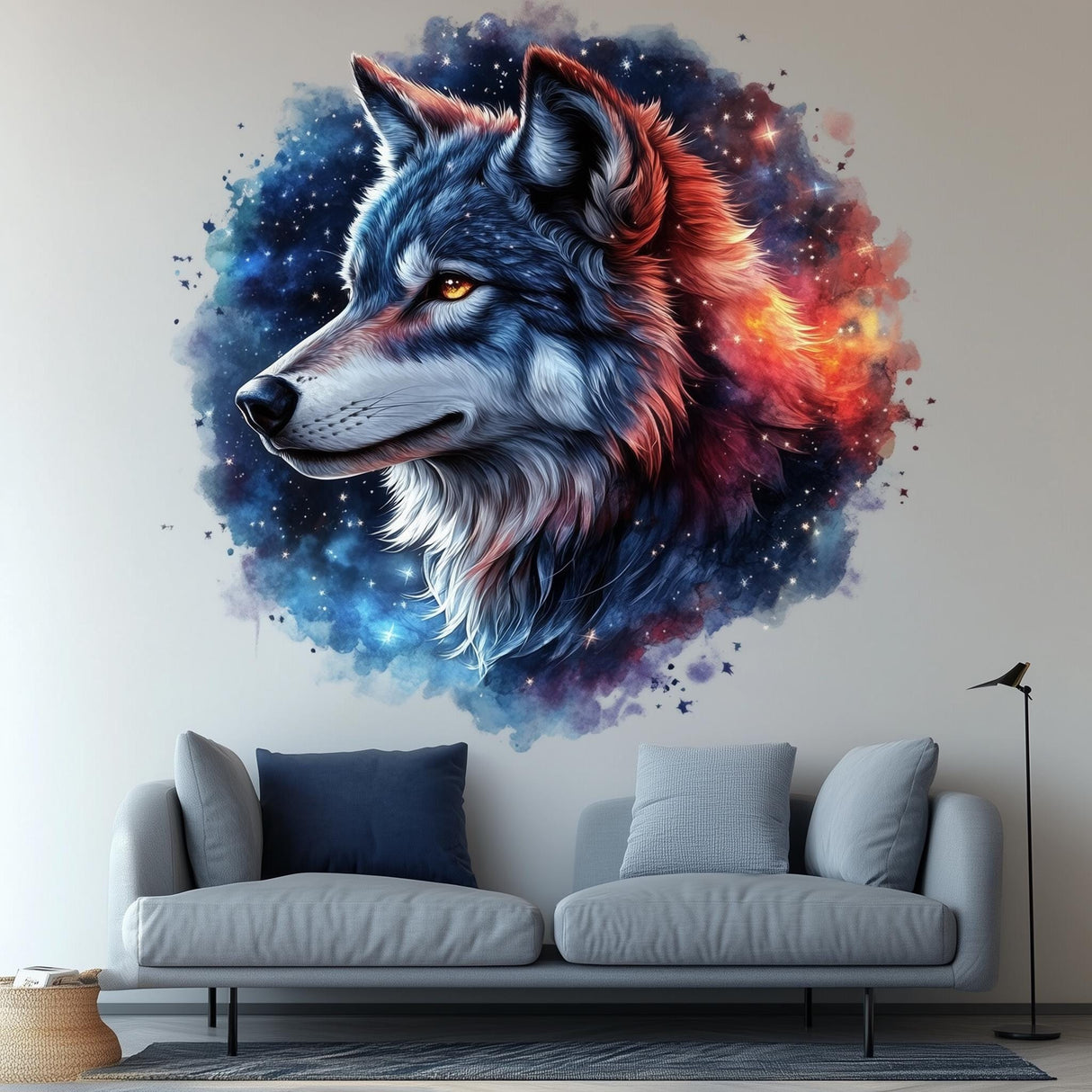 Celestial Wolf wall decal featuring a cosmic mural art of a wolf in vibrant colors for home decor.