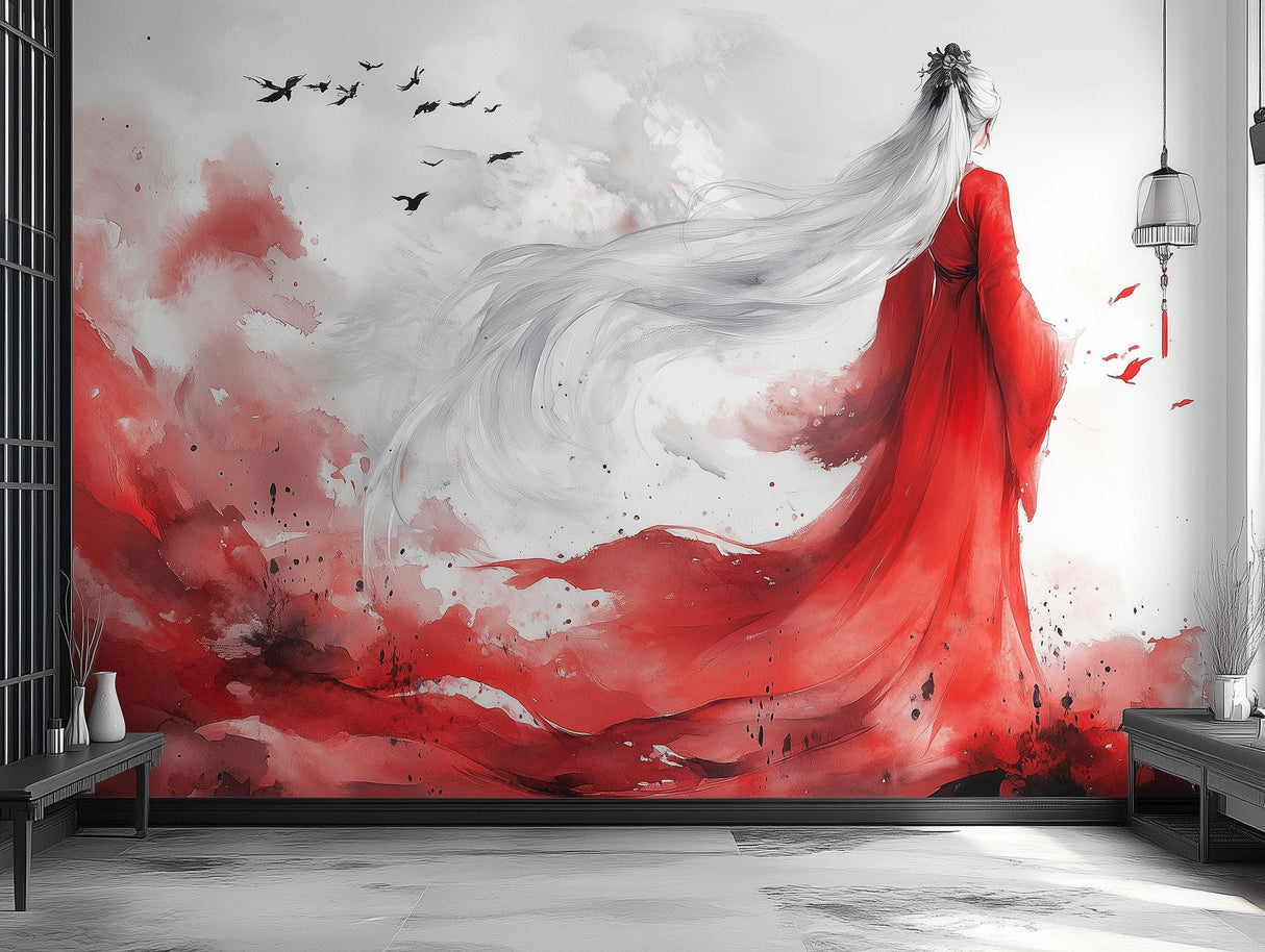 Elegant Asian-Inspired Wall Mural | Red & White Artistic Wallpaper | Large Wall Decor | Japanese Style Home Decor | Bold Statement Art
