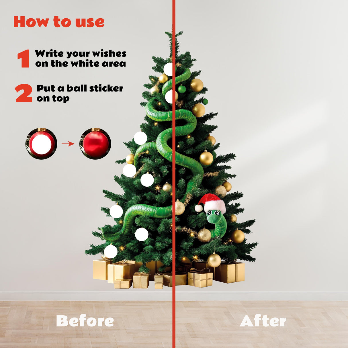 Interactive Christmas tree display showing 'Before' and 'After' sticker application with instructions on how to use.