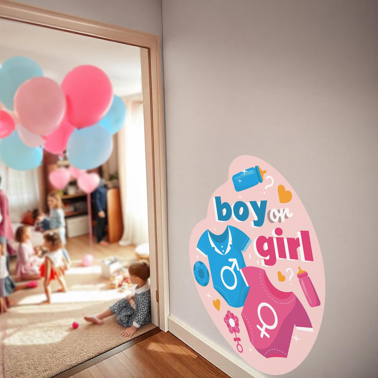 Colorful gender reveal wall decal with playful blue and pink onesies and festive icons for baby shower decor.