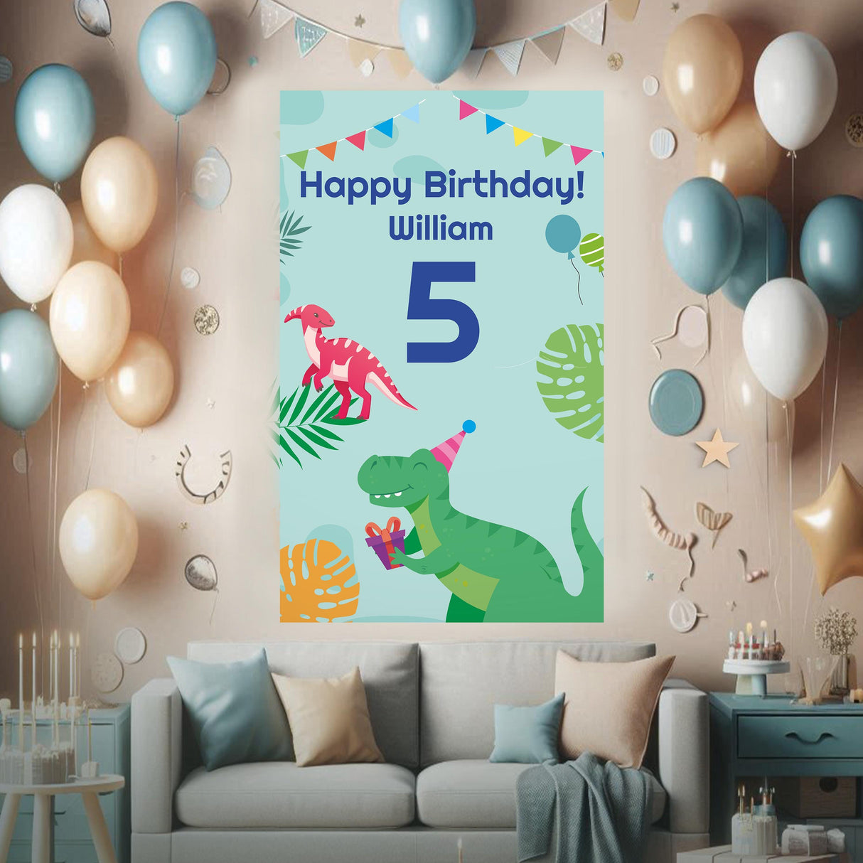 Dinosaur Birthday Wall Sticker with personalized name and age, colorful decor for kids' party and room.
