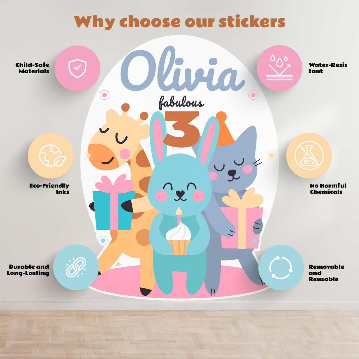 Personalized birthday wall sticker featuring a bunny, giraffe, and cat for Olivia's 3rd birthday party decor.