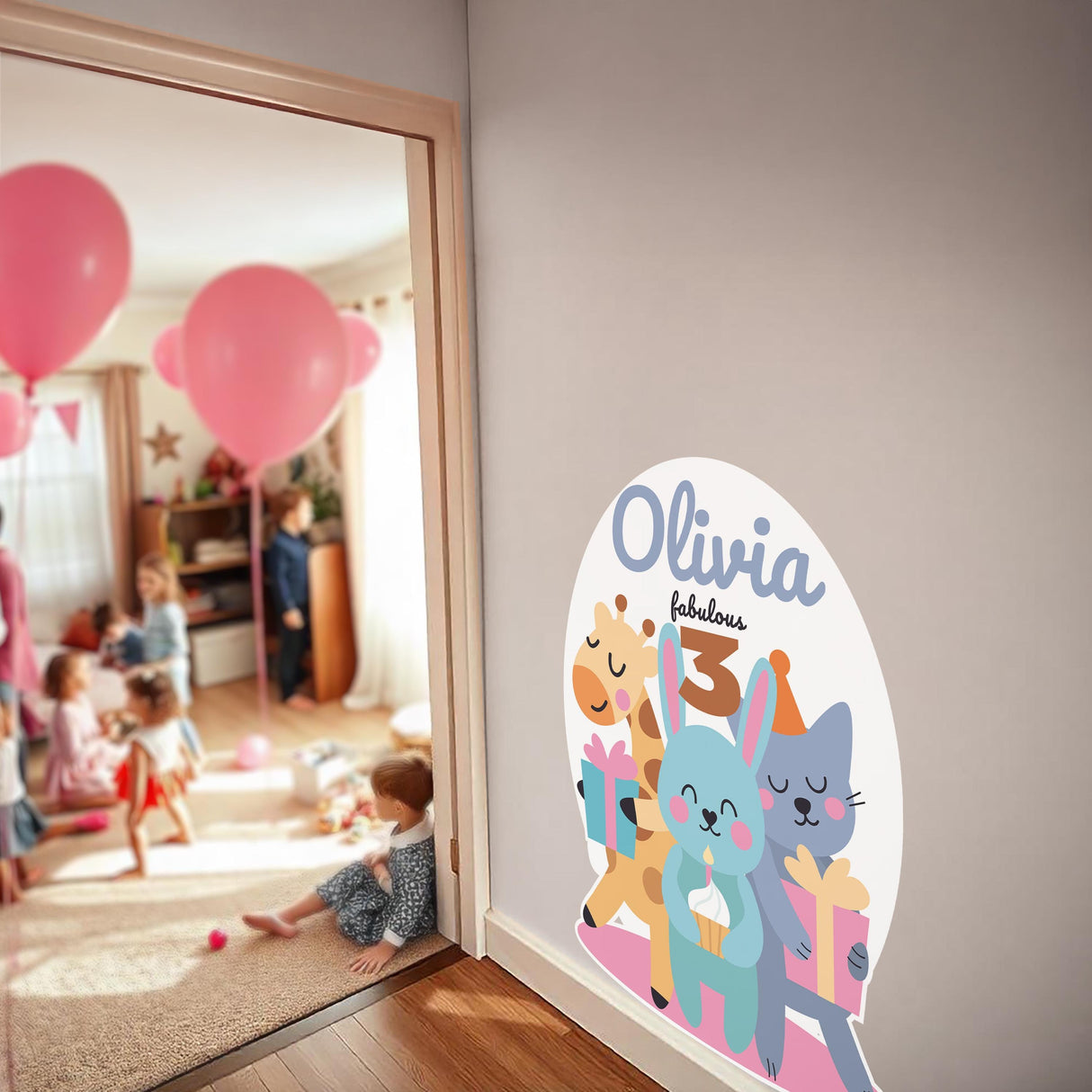 Personalized kids birthday wall sticker featuring animals and custom name 'Olivia', enhancing party decor with a festive touch.