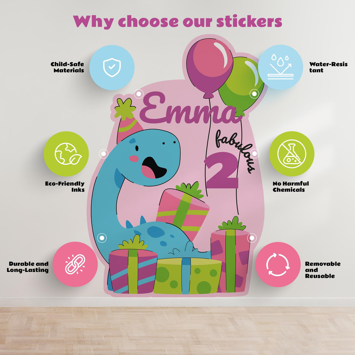 Personalized dinosaur birthday wall sticker with balloons and gifts, featuring child-safe and eco-friendly design elements.