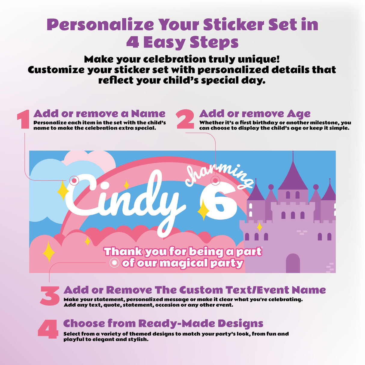 Personalized Princess Castle Birthday Sticker | Custom Name & Age Wall Decal | Fairytale Theme Party Decor | Kids Birthday Stickers *!