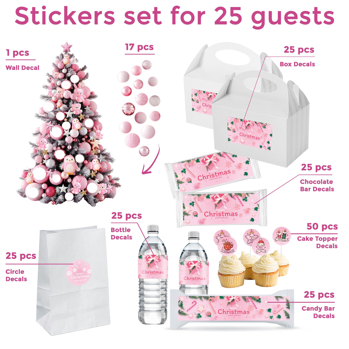 Pink Christmas sticker set for 25 guests featuring wall decals, box and chocolate bar stickers, and festive decor items.