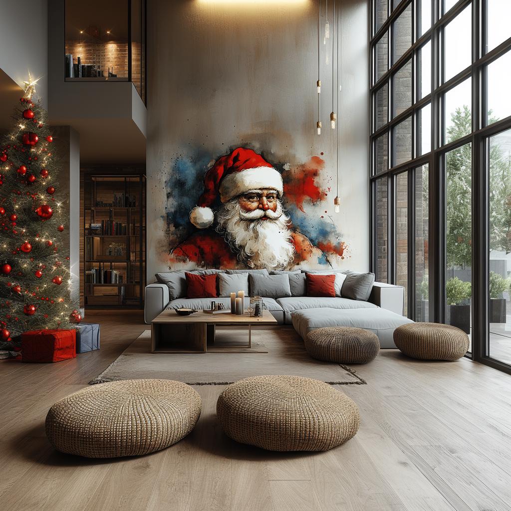 Colorful Santa Claus wall mural in modern living room with Christmas tree and cozy seating, perfect holiday decoration.
