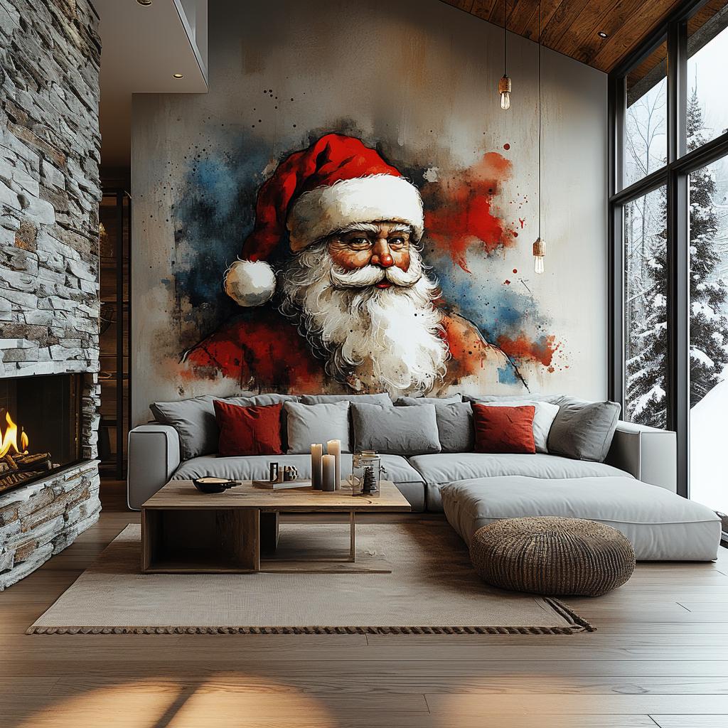Colorful Santa Claus wall mural in a cozy living room with a fireplace, perfect for festive holiday decoration.