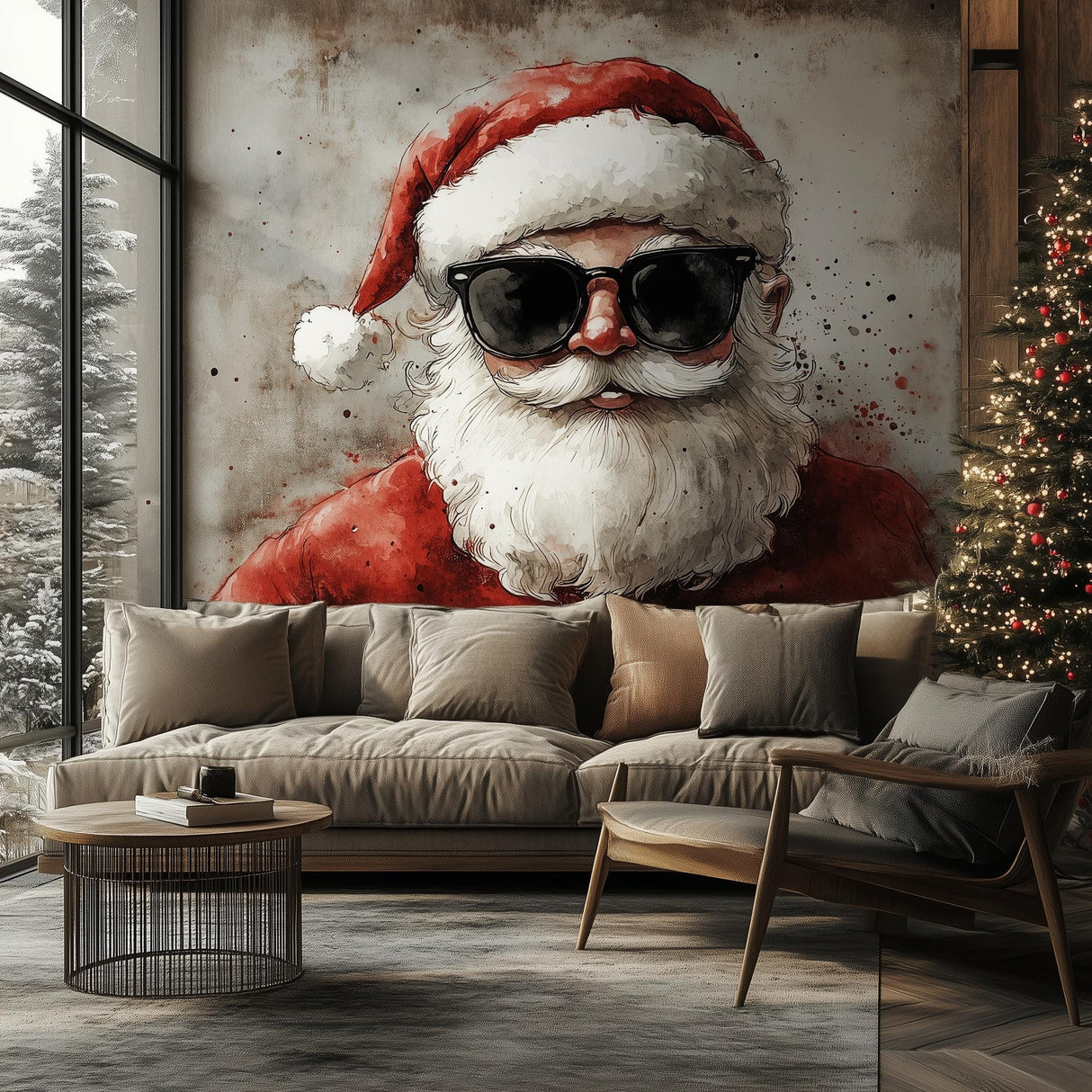 Classic Santa Claus wall mural with sunglasses in cozy living room setting for festive holiday decor.