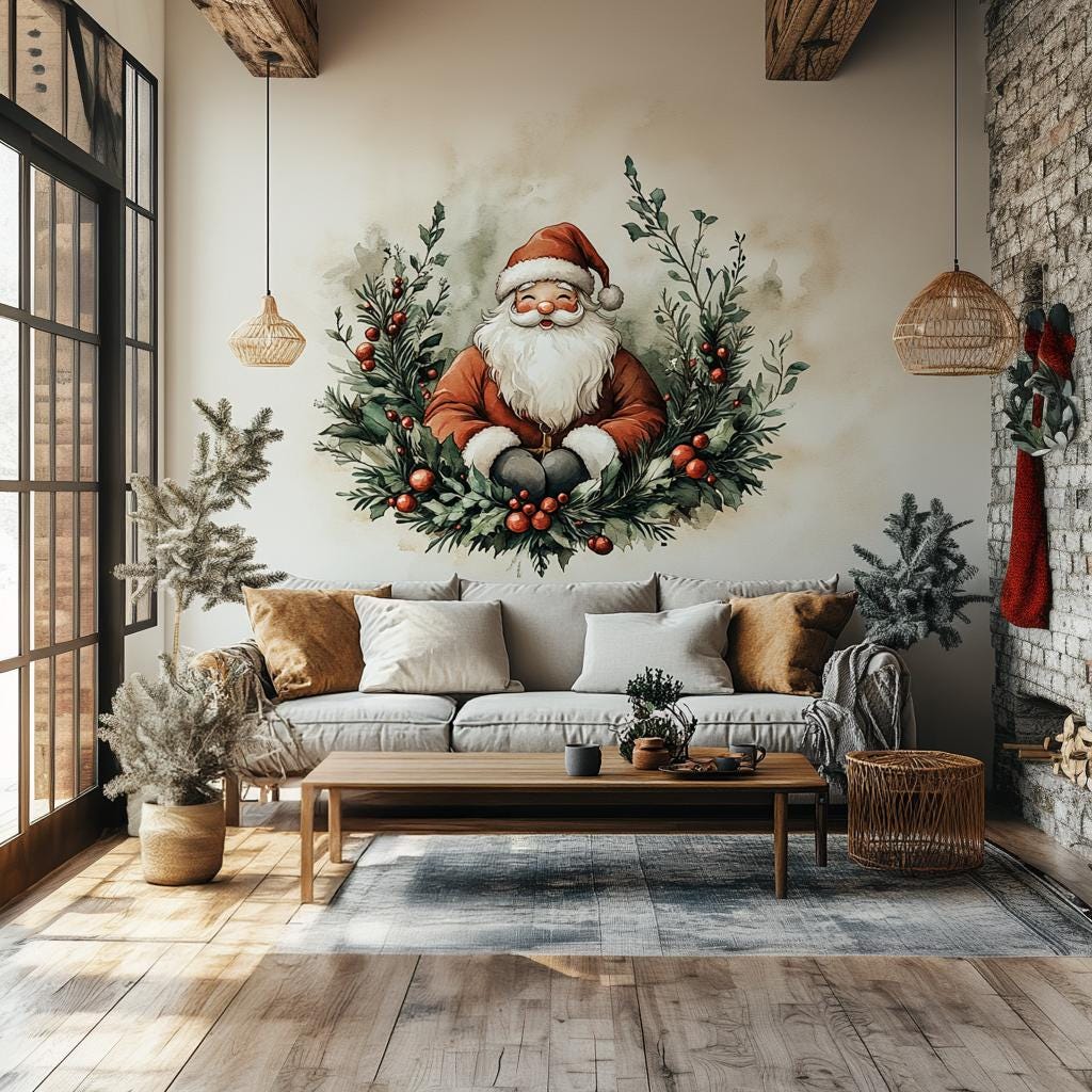 Santa Claus Wreath Wall Mural | Cozy Christmas Decal | Classic Holiday Wall Art | Festive Santa Evergreen Sticker Warm Holiday Decoration
