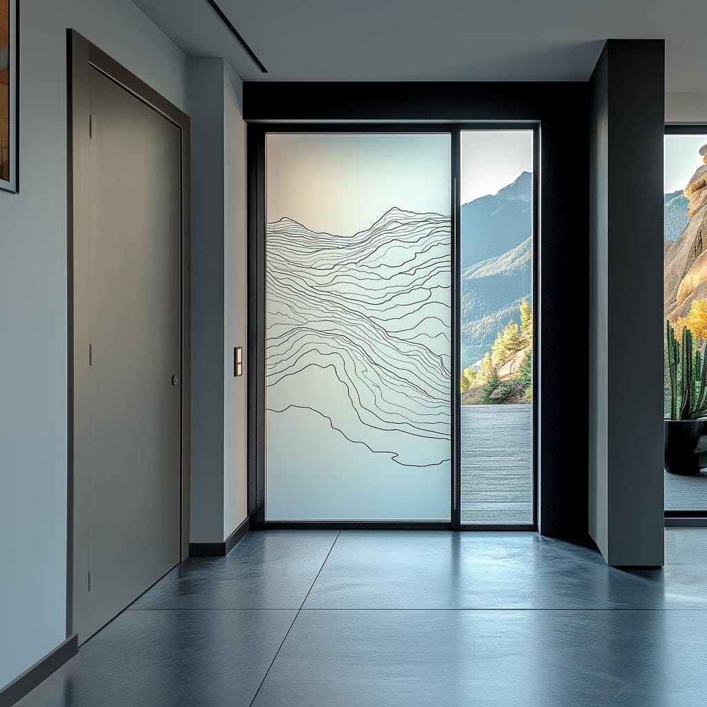 Custom frosted glass door decal with topographic line design, adding modern privacy to home decor.