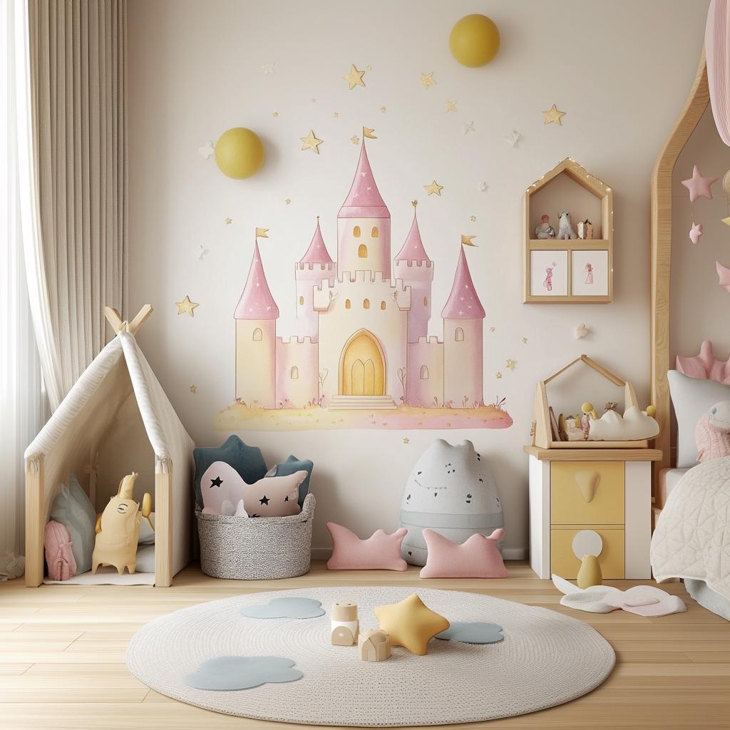 Princess Castle Wall Sticker | Pink Castle Nursery Décor | Fairytale Theme Wall Art | Kids Room Sticker | Removable Wall Decal