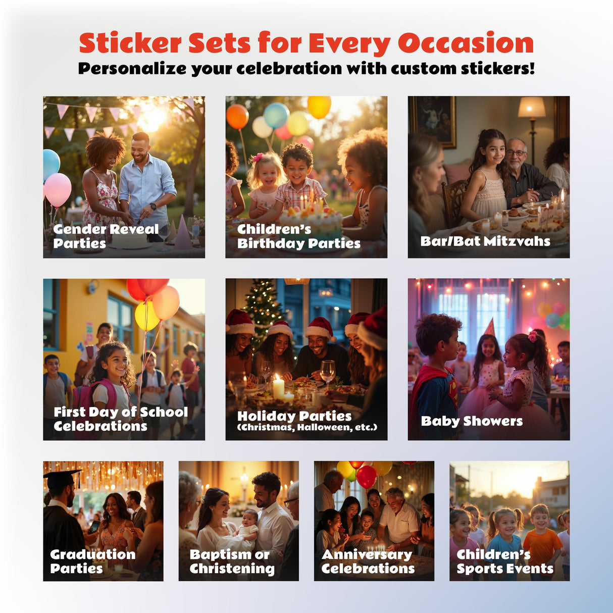 Collage of festive events featuring sticker sets for occasions like birthdays, holidays, graduations, and baby showers.