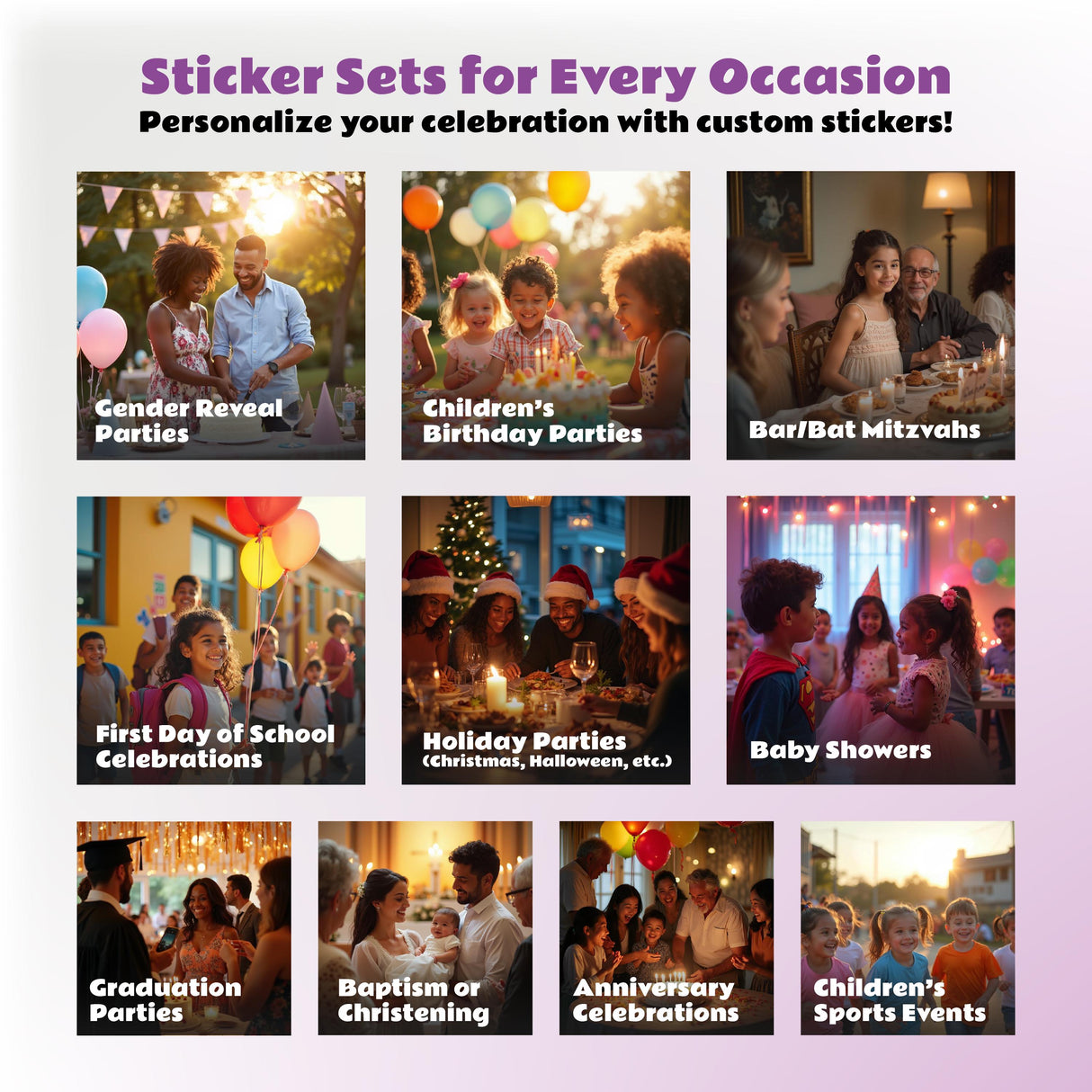 Collage of festive events featuring personalized stickers for gender reveals, birthdays, holidays, and other celebrations.