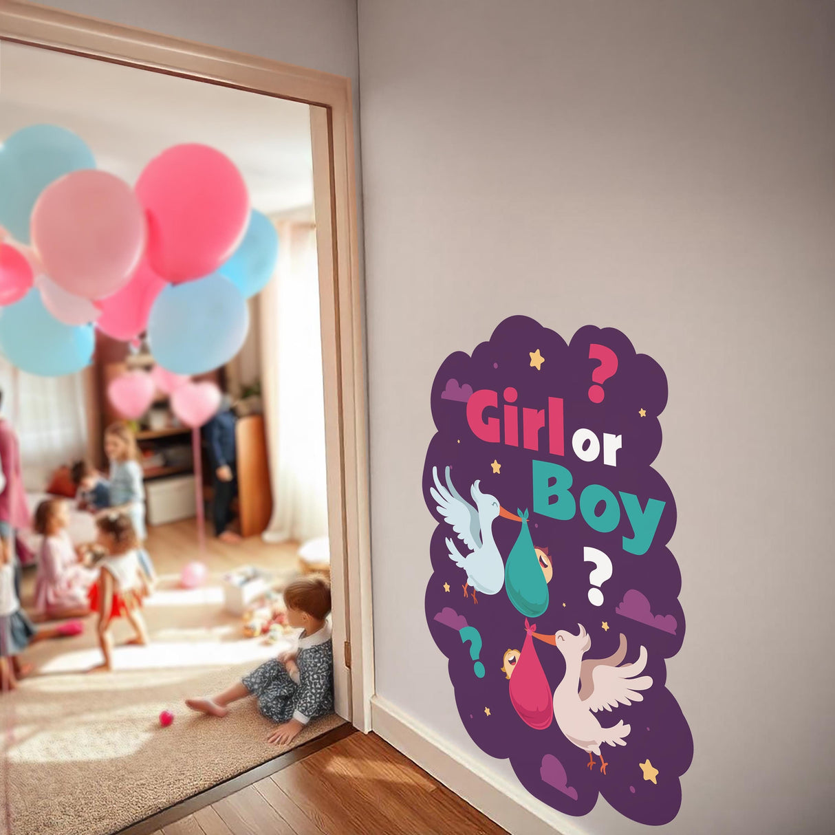 Whimsical gender reveal wall sticker with storks, colorful question marks, and balloons for baby shower decor.
