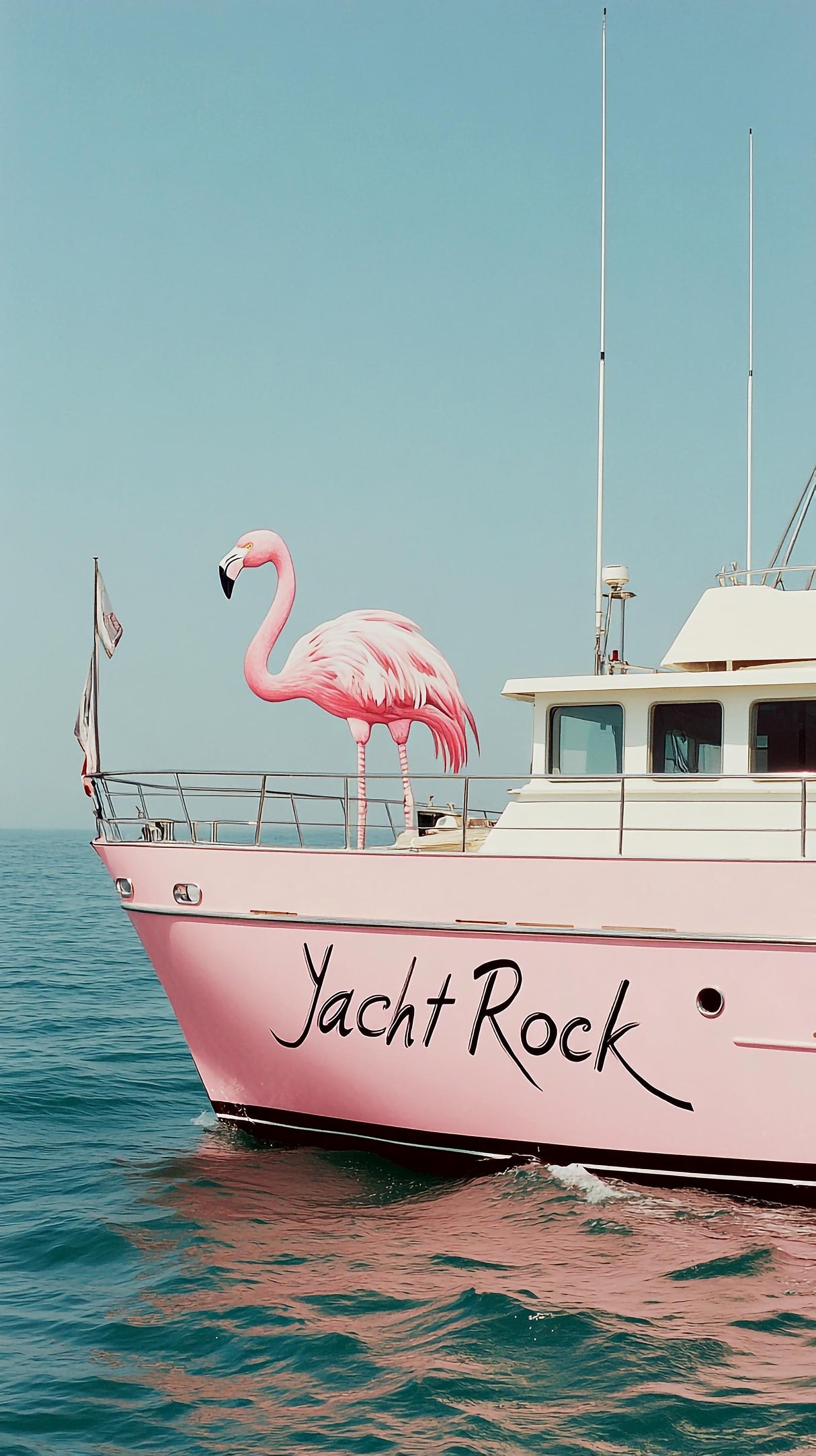 Pink yacht with flamingo decoration and 'Yacht Rock' lettering on the side, cruising on calm waters.