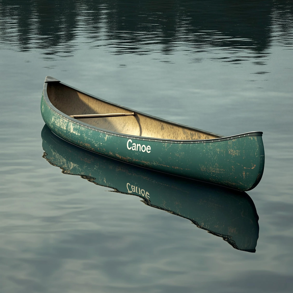 Green canoe with the word 'Canoe' written on it, floating peacefully on calm water.
