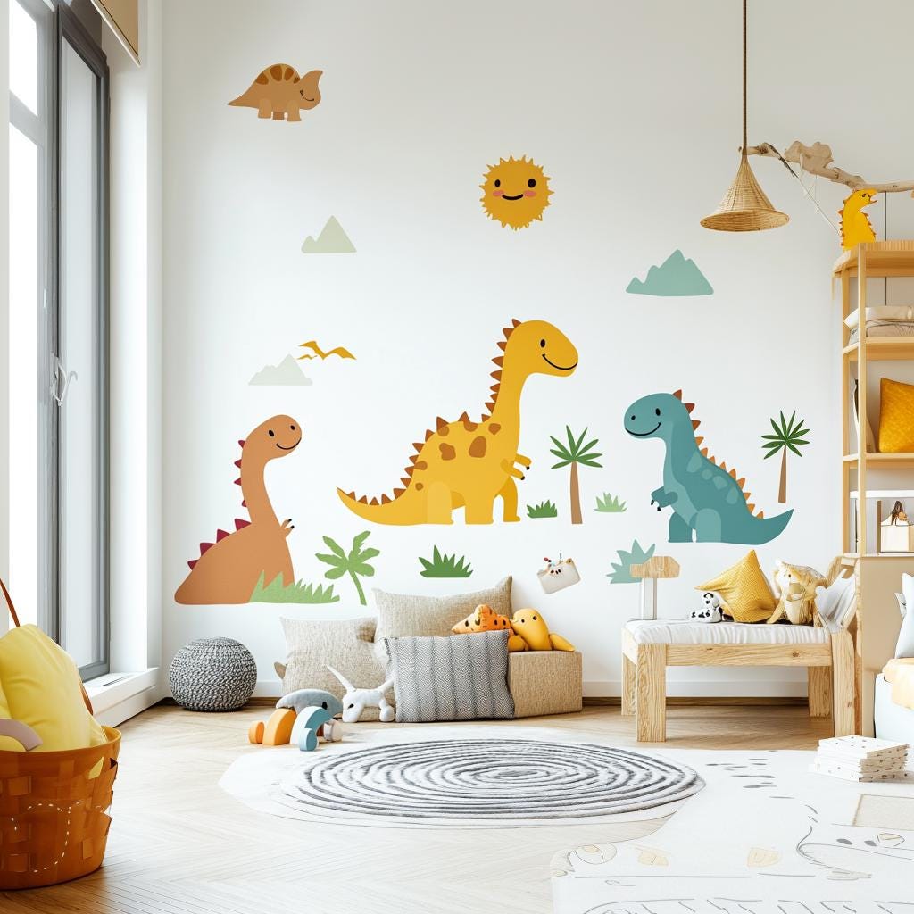 Dinosaur Wall Decals for Kids | Fun Prehistoric Dinosaurs Nursery Decor | Colorful Removable Dino Stickers | Dinosaur Themed Kids Wall Art
