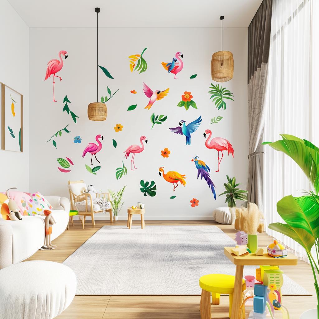 Colorful tropical bird wall decals featuring flamingos and parrots in a stylish kids' room decor.