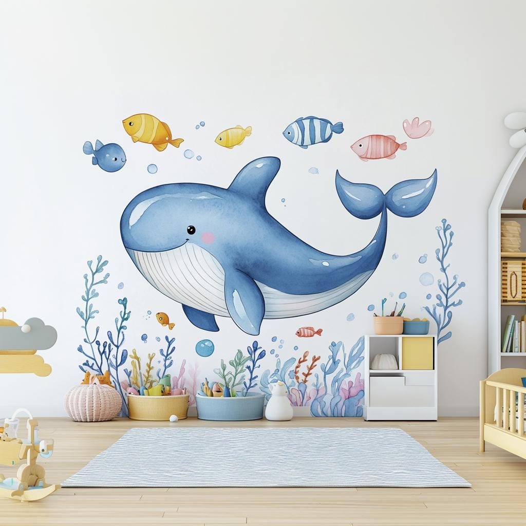 Whale wall decals featuring colorful fish and coral, perfect for kids' nurseries and playrooms.