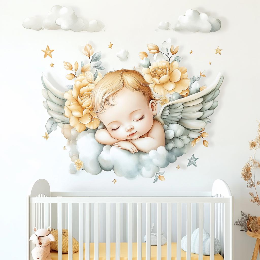 Adorable angel baby wall mural with flowers, wings, and clouds, perfect for nursery decor.