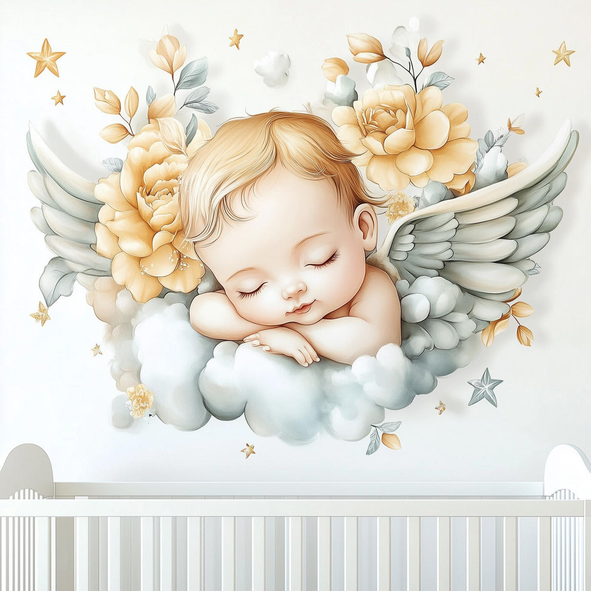 Sleeping baby angel mural with wings, flowers, and clouds, perfect nursery wall decor.