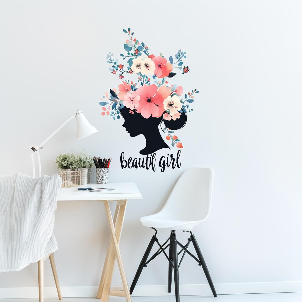 Beautiful girl wall decal with floral crown and text, perfect for feminine room decor.