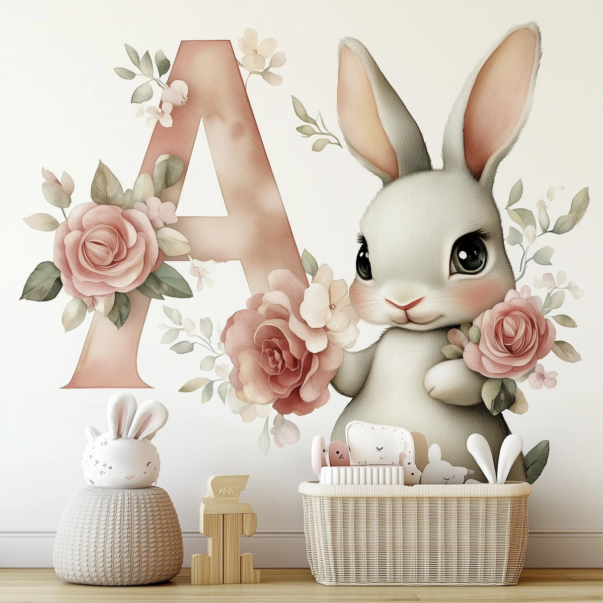 Personalized bunny wall decal with floral monogram letter A, perfect for baby nursery decor.