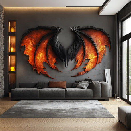 Bold dragon wing wall mural with fiery accents, adding dramatic decor to a stylish living room.