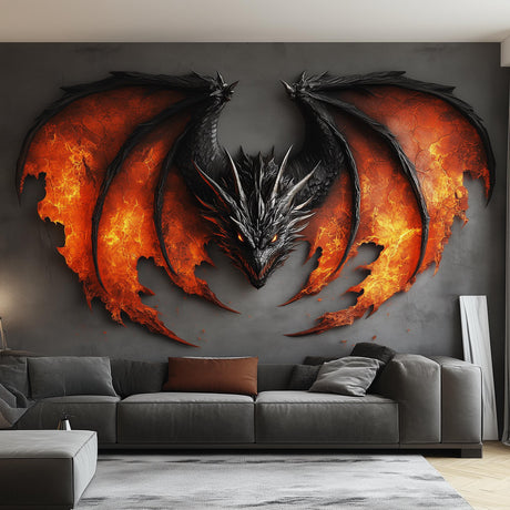 Stunning fiery dragon wall sticker in bold red and black, perfect for game rooms or living rooms decor.