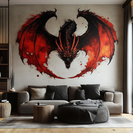 Fiery dragon wall sticker in red and black, bold fantasy mural decor for living rooms and game rooms.