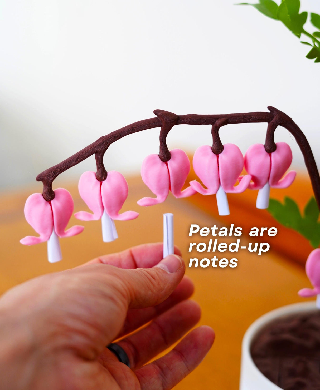 Hand reaching for rolled-up notes in Bleeding Hearts Jewelry Box, showcasing 3D-printed flower design and functionality.