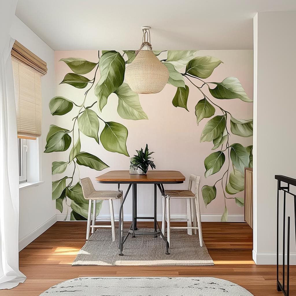 Cascading leaf wall decal in a bright dining area with a wooden table and chairs, creating a serene nature-inspired decor.