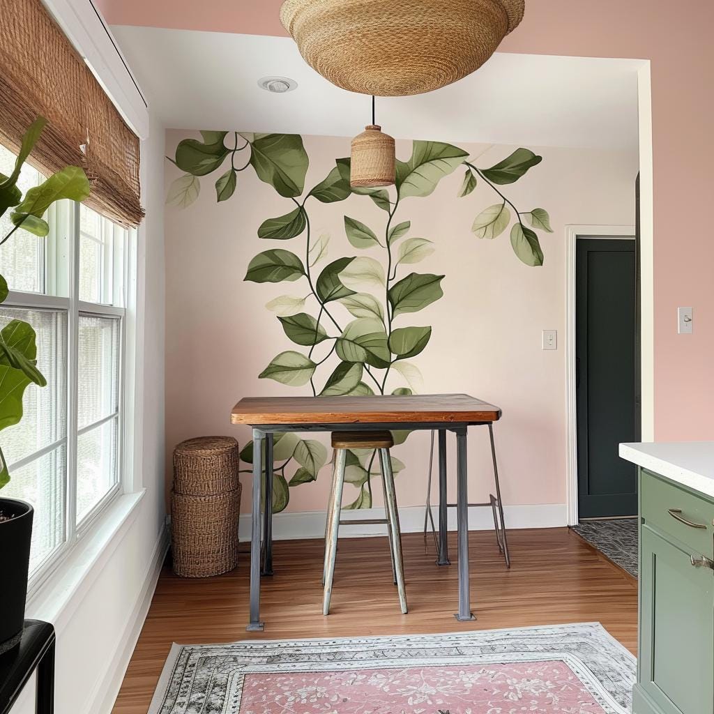 Vertical leaf wall decal sticker in a stylish dining space, adding a nature-inspired touch with green branches.