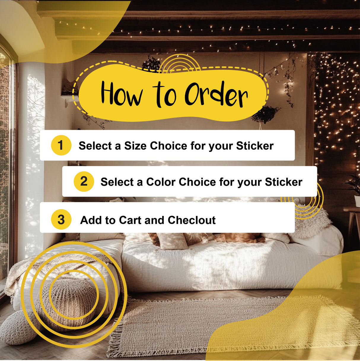 Instructions for ordering a wall sticker: select size, select color, add to cart and checkout.