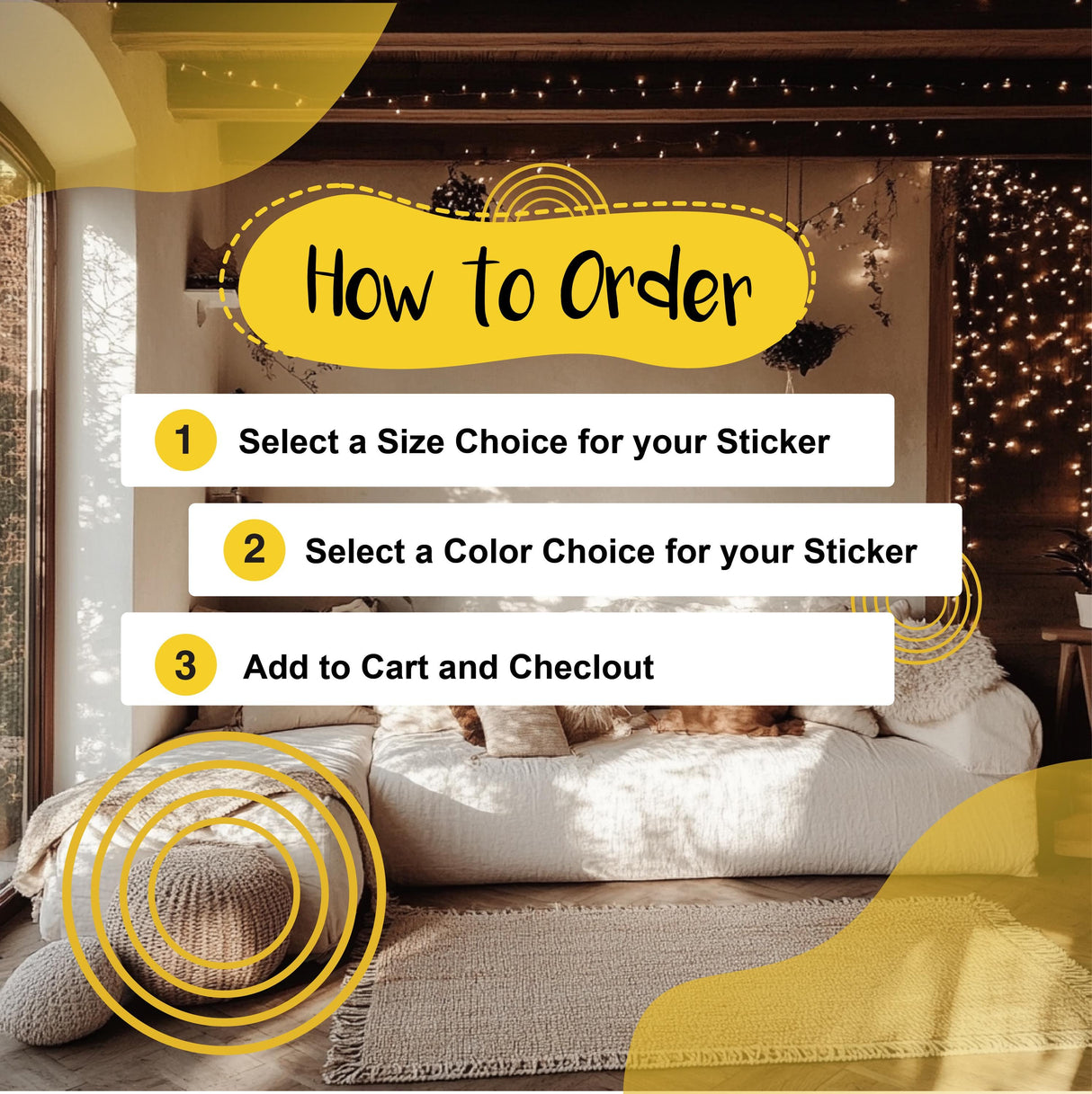Infographic showing how to order a sticker, listing size and color choices, in a cozy indoor setting.