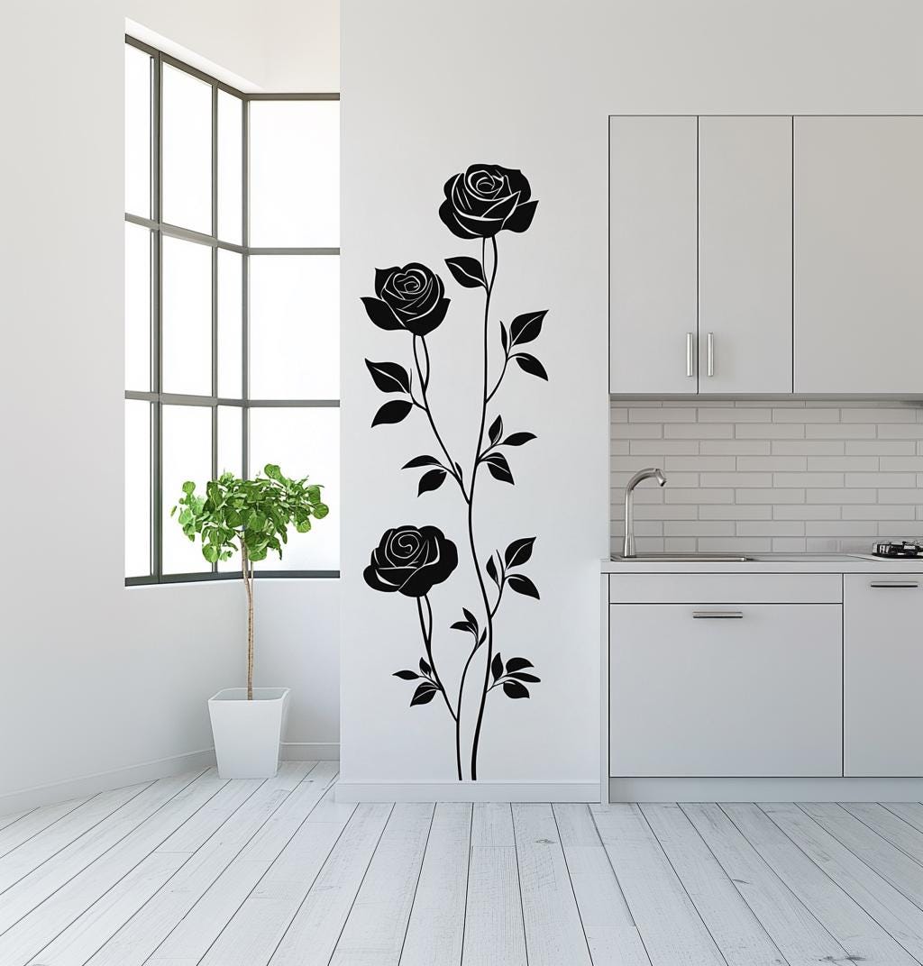 Three-rose wall decal sticker in a modern kitchen, adding elegant floral decor.