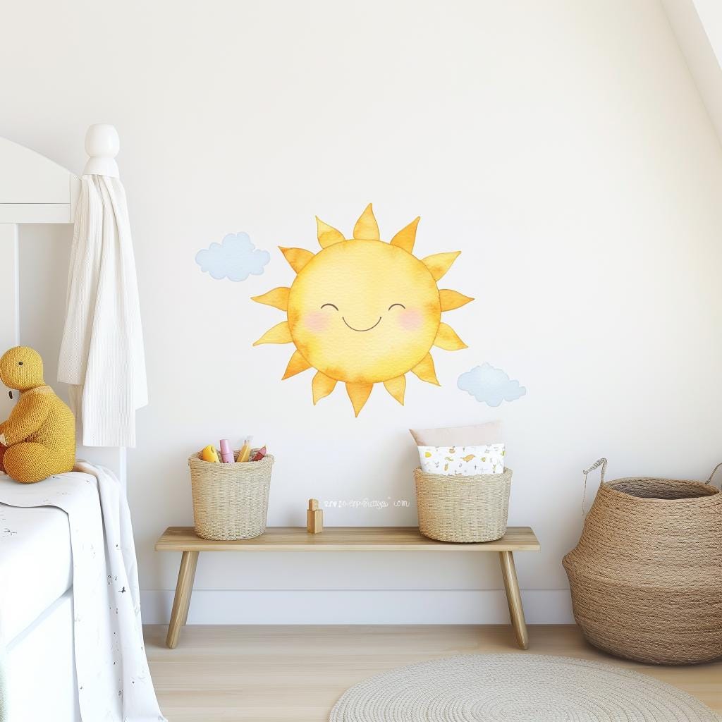Smiling Sun Wall Decal Sticker | Watercolor Sun and Cloud Nursery Wall Art | Removable Kids Room Sticker | Cute Baby Room Decor