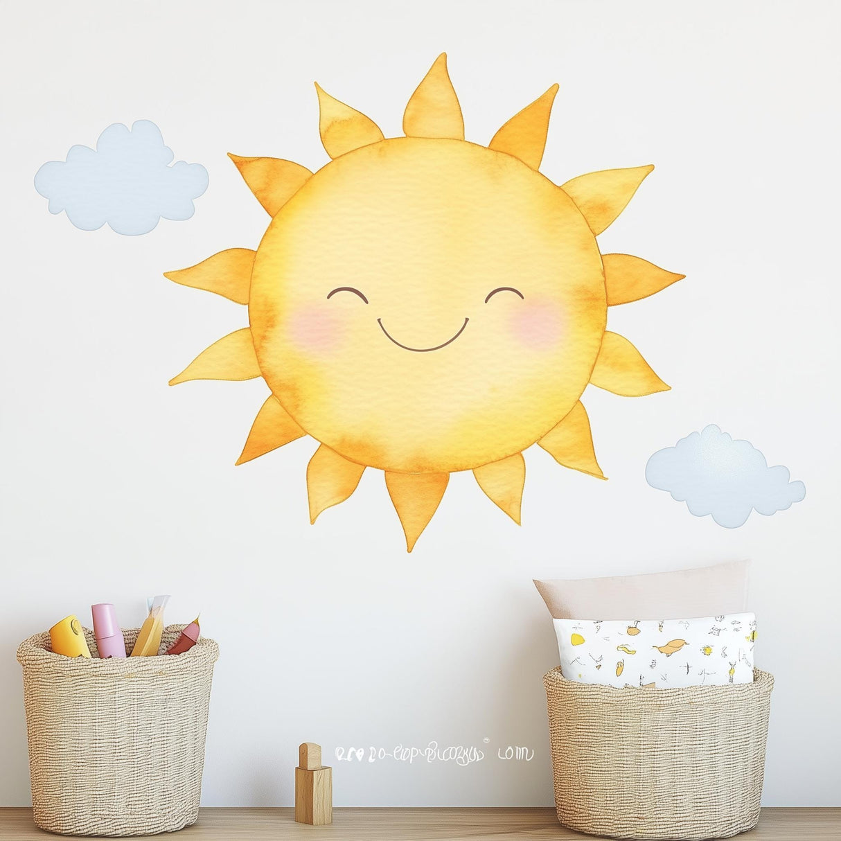 Smiling Sun Wall Decal Sticker | Watercolor Sun and Cloud Nursery Wall Art | Removable Kids Room Sticker | Cute Baby Room Decor