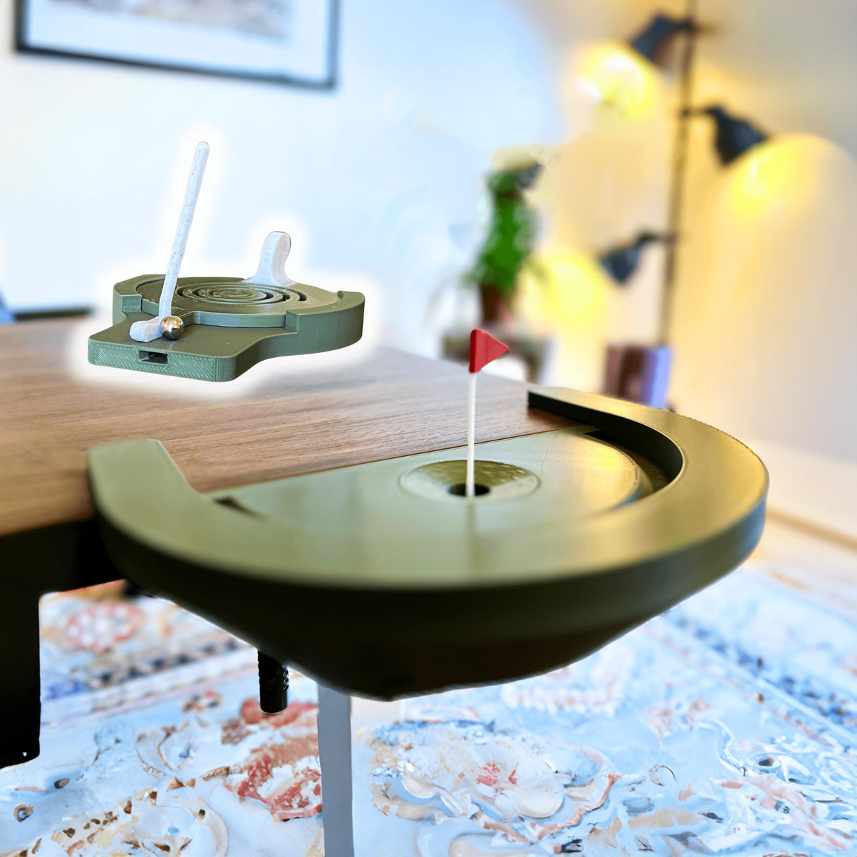 Desktop golf game featuring mini putting green with flag and ball return, ideal for office or home entertainment.