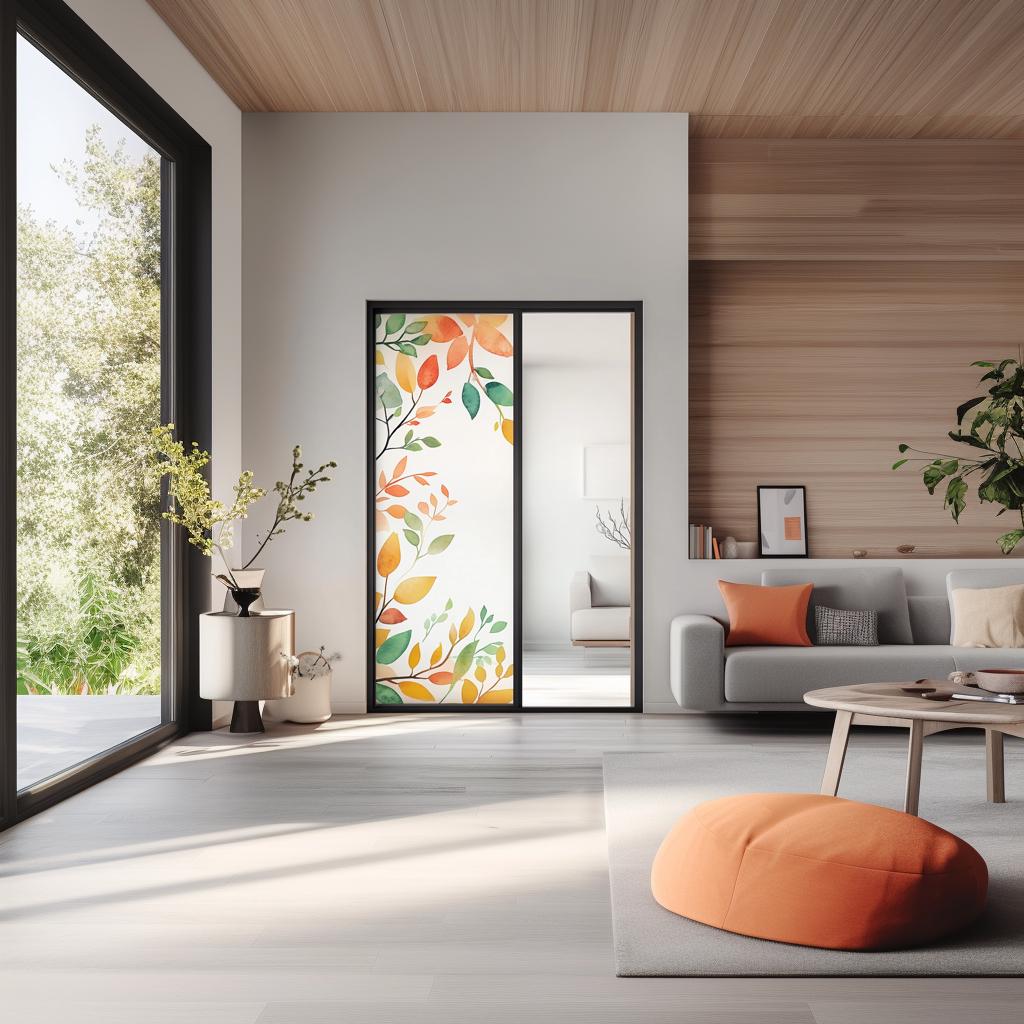 Modern living room featuring customizable frosted glass film with colorful leaf design on sliding patio door.