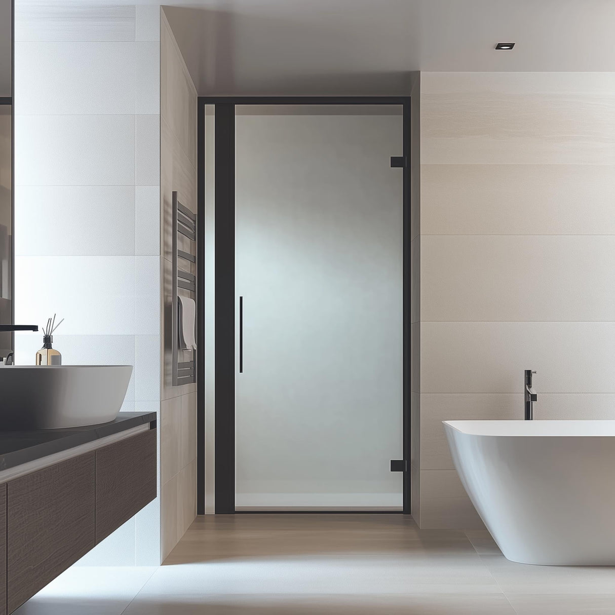 Modern bathroom with frosted glass shower door and sleek fixtures, enhancing privacy and style.