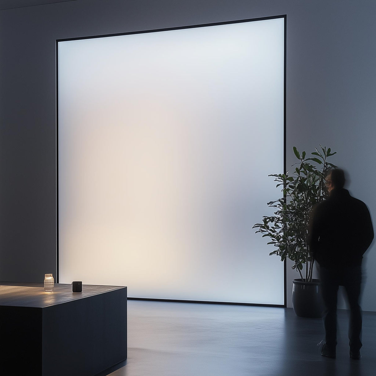 Frosted vinyl wall panel creating a soft light effect in a modern room with a person standing and a plant nearby.