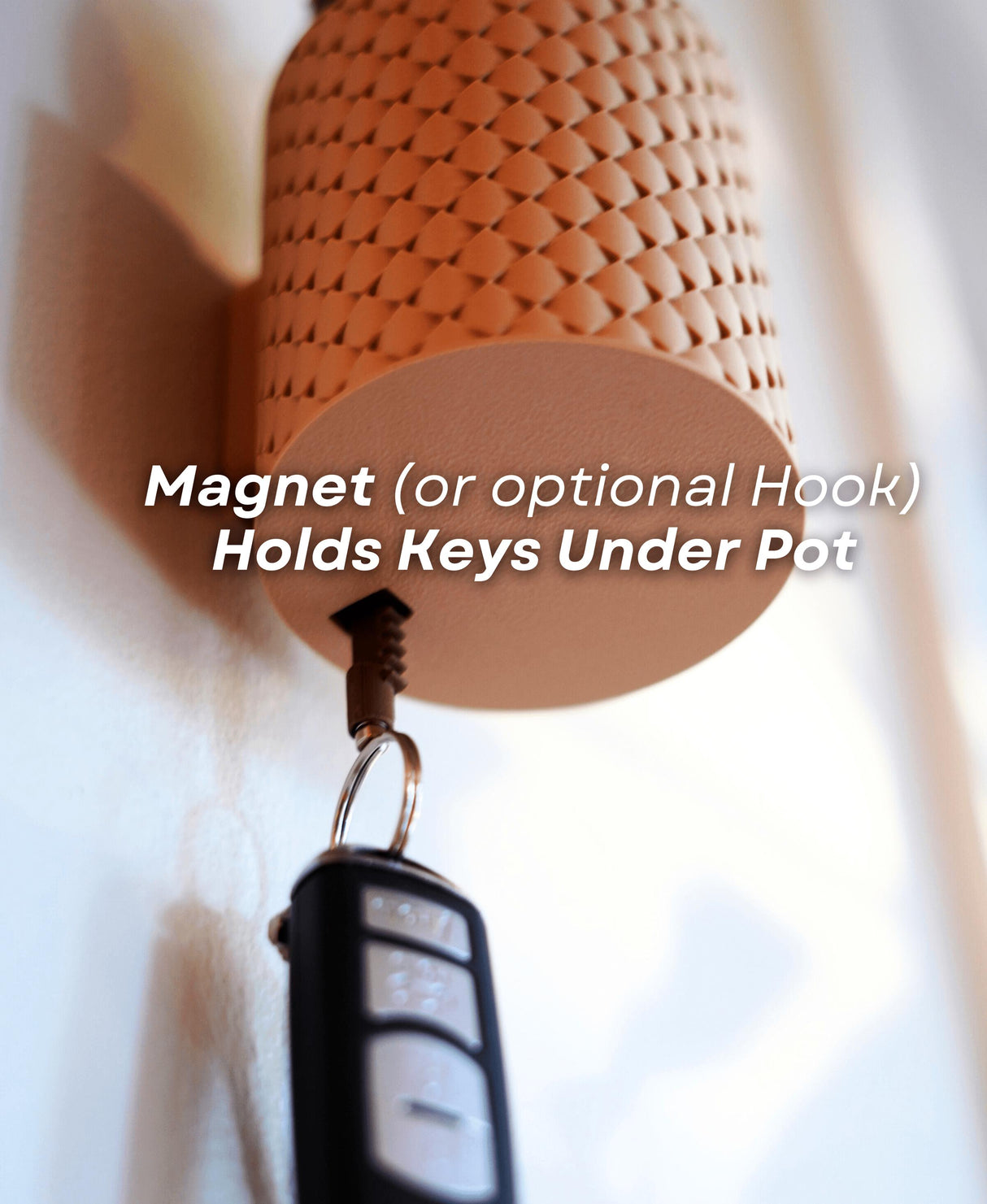 Close-up of a wall-mounted pot key holder with keys hanging from a magnet or hook.