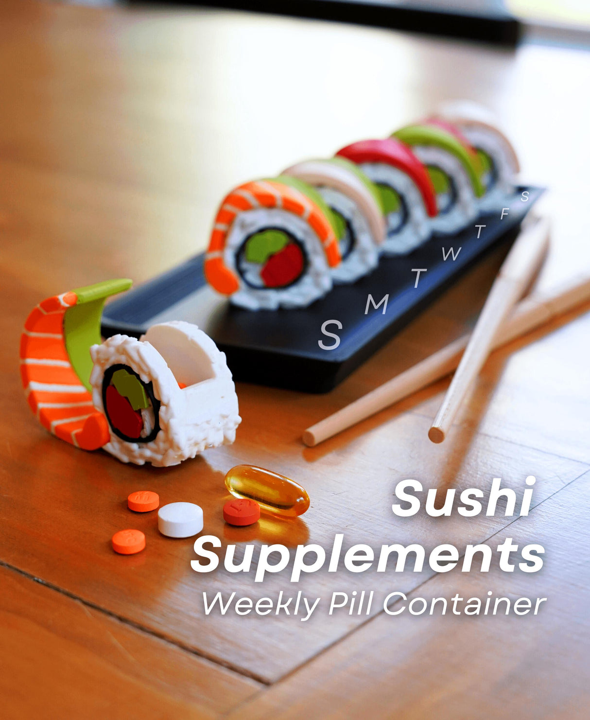 Sushi-themed weekly pill organizer with colorful sushi containers, stylishly displayed on a tray.