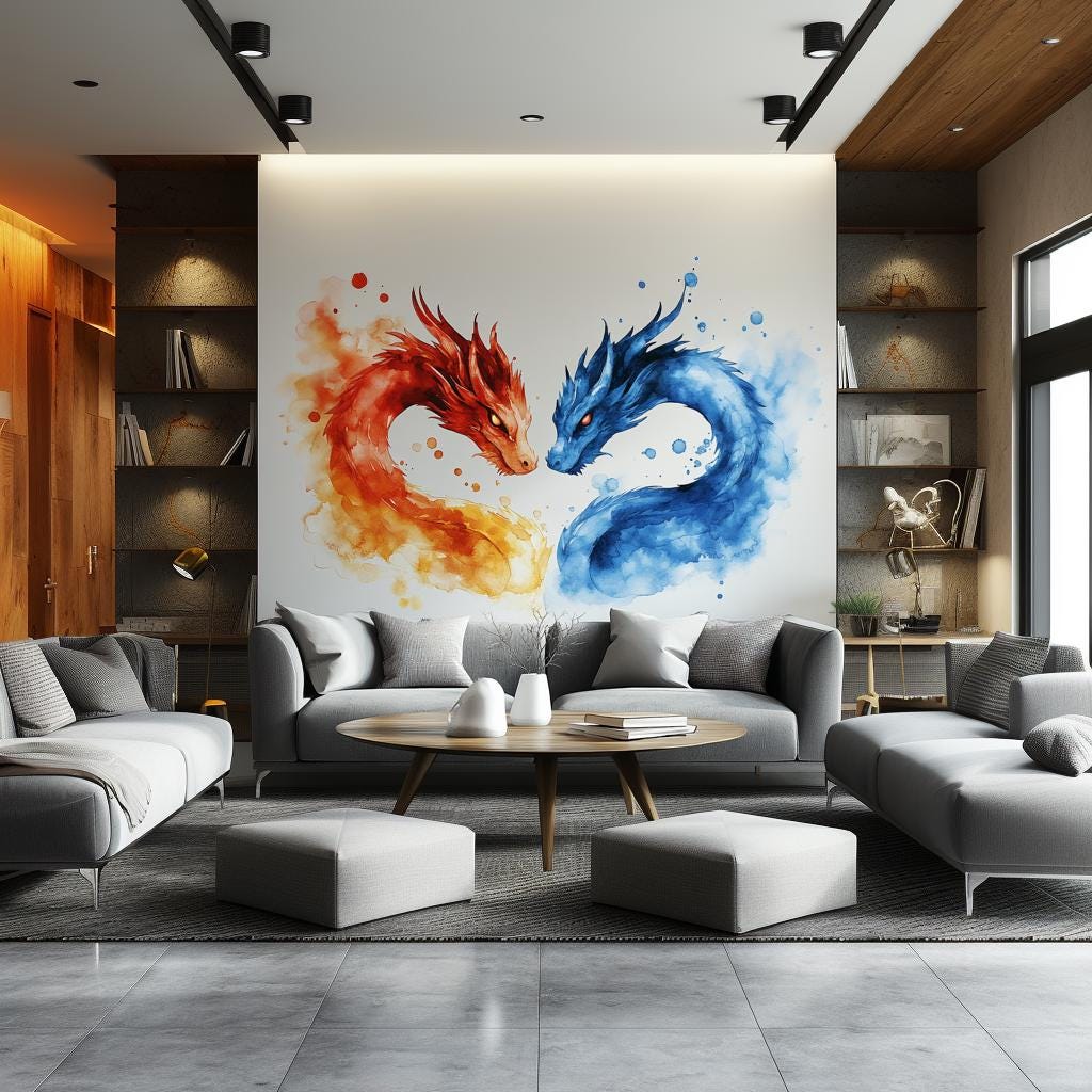 Watercolor Dragon Wall Decal | Fire Water Design | Fantasy Room Decor | Large Dragon Wall Sticker | Mythical Art Mural | Dragon Lovers Gift