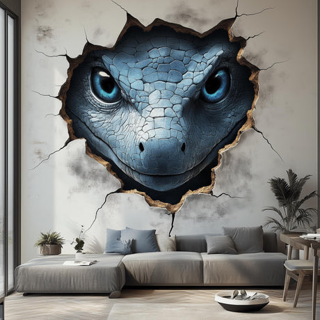 3D blue gecko wall decal breaking through a wall, adding realistic decor for kids' rooms or living spaces.