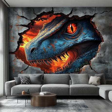 3D dinosaur wall mural featuring a fierce blue raptor emerging through a cracked wall for kids' room decor.